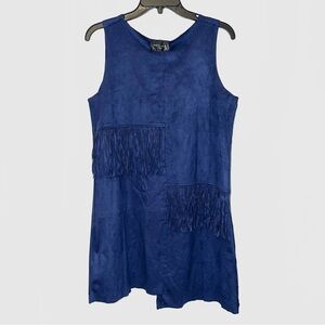Romeo and Juliet Couture Navy Blue Suede Asymmetric Sleeveless Fringe Mini Dress